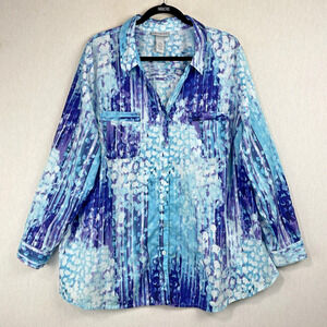 Catherines Top Blouse Plus Size 2X 22W 24W Blue Purple Button Down Tabbed Sleeve